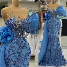 Luxury Blue Mermaid Prom Dresses Sheer Neck Lace Beaded Crystals Evening Gowns
