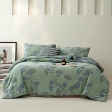 100 Cotton Muslin Jacquard Comforter Set, Floral Ginkgo Leaves Print, Soft L...