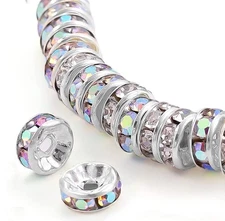 200Pcs 6mm Rondelle Spacer Beads Silver Plated AB Color Crystal Rhinestone fo...