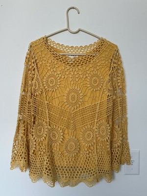 Indigo Thread Co Womens Medium Yellow Crochet Long Sleeved Top Blouse Tank