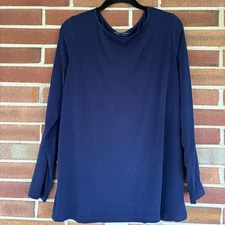 Susan Graver Modern Essentials Dark Blue Long Sleeve Blouse Liquid Knit L A2664