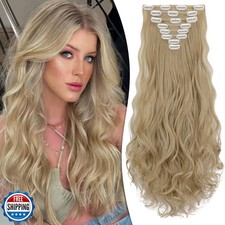 Fanguilar Clip in Hair Extensions 24 Inch 8PCS Ash Blonde Long Wavy Synthetic