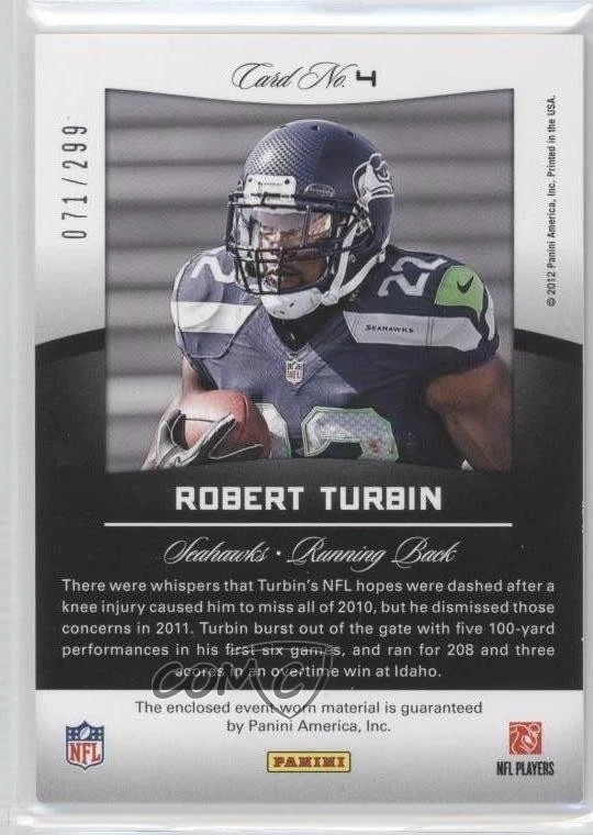 2012 Certified Certified Skills Materials /299 Robert Turbin #4 Rookie RC - Image 2 of 2