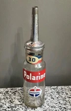 Vintage 15" Original 1940s Standard Polarine 30 Oil Quart Glass Bottle & Spout