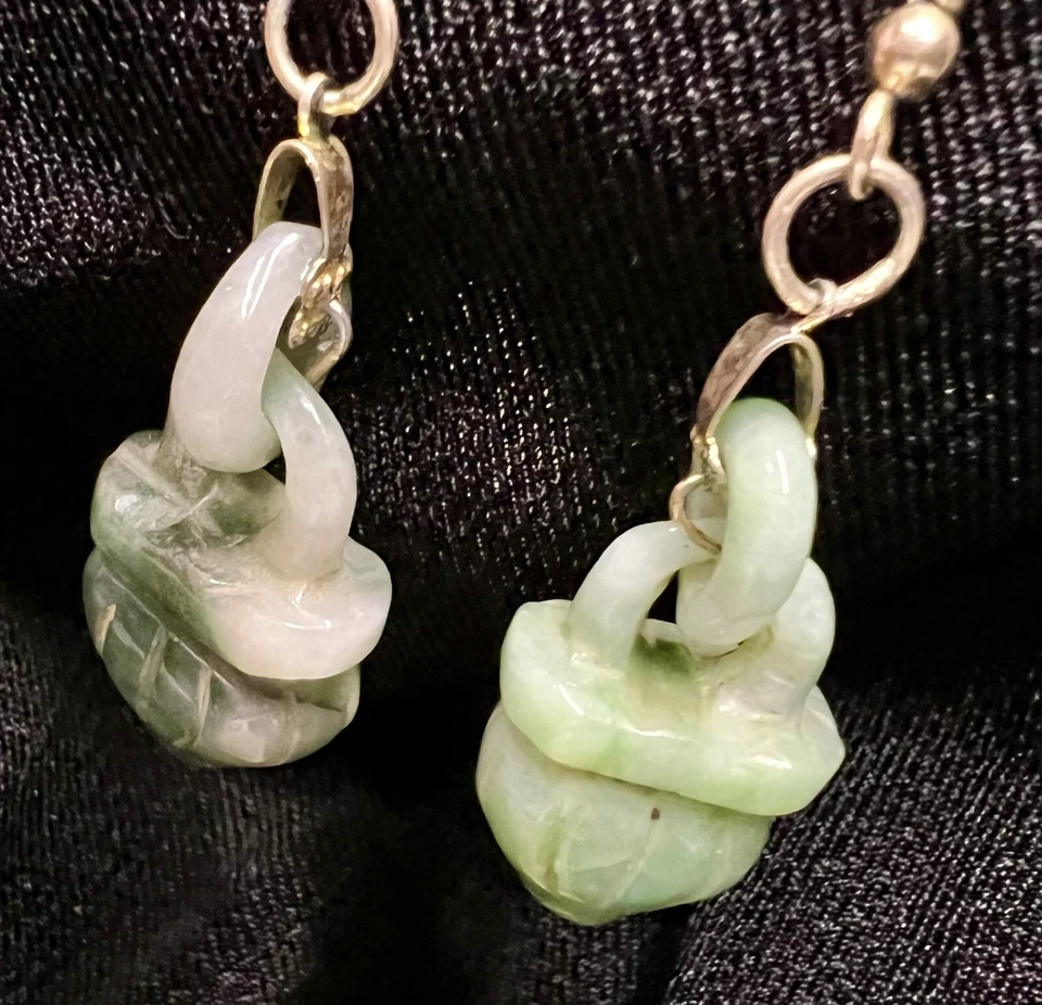 Green Jade Earring With Gold Hooks. Basket Shape. Hand Carved Detailed Piece - Image 3 of 4