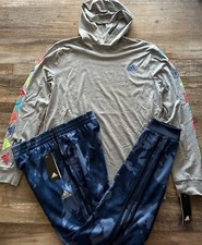 NWT Adidas Boys YXL Gray/Blue L/S Hooded Camouflage Jogger Pants Set XL