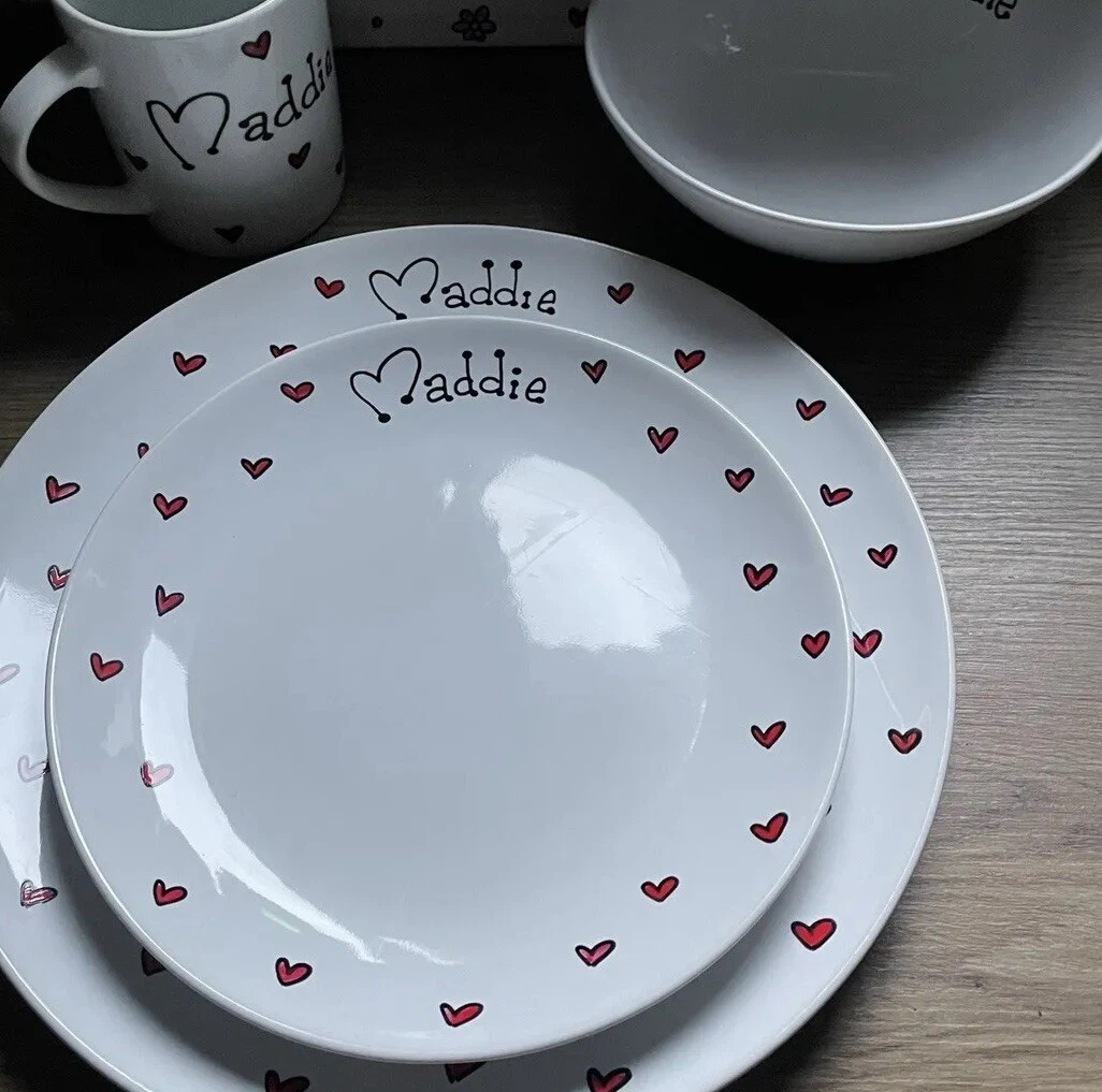 Hand painted Personalised Dinner Set. Mug Bowl Side Dinner Plate