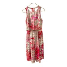 Eliza J Dress Womens 8 Pink White A Line Pleated Windowpane Midi Sleeveless