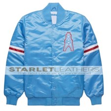 Giacca Houston Oilers vintage anni 80 blu cielo raso letterman baseball varsity