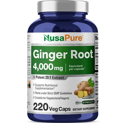 NusaPure Ginger Root Capsules 4000 mg per Veggie Caps | 220 Count | Non-GMO