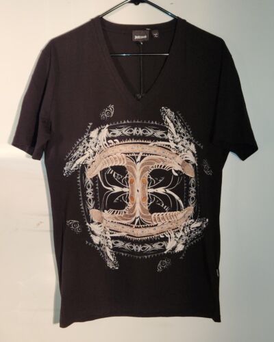 Just Cavalli Print Black T-Shirt - Size:  XL - V-Neck - Cavalli Original Print - Afbeelding 1 van 5