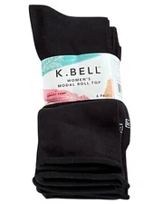 K. Bell Crew Socks Womens 5.5-10 Black Modal Roll Top 6 Pairs HEIQ Smart Temp
