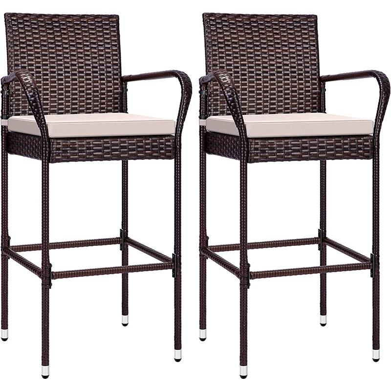 Outdoor Wicker Barstool Patio Rattan Furniture Chair Bar Stool & Armrest Cushion - Image 2 of 4