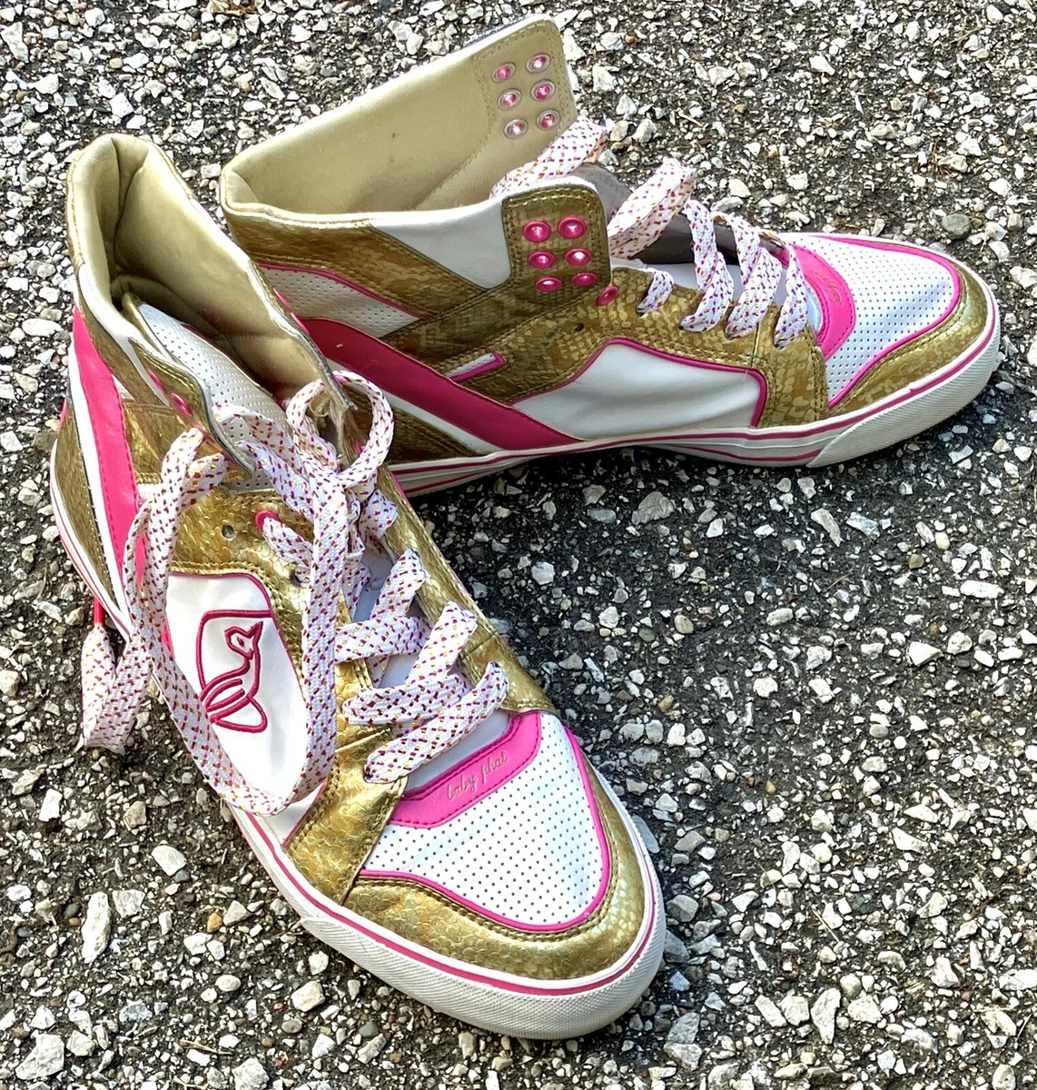 Size 10M Baby Phat Woman s Lace Up HighTop Sneakers Pink Gold and White