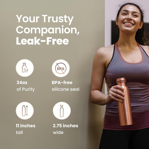 Smooth Finish 34oz Copper Water Bottle - Ancient Ayurvedic Health Solution - Picture 10 of 11