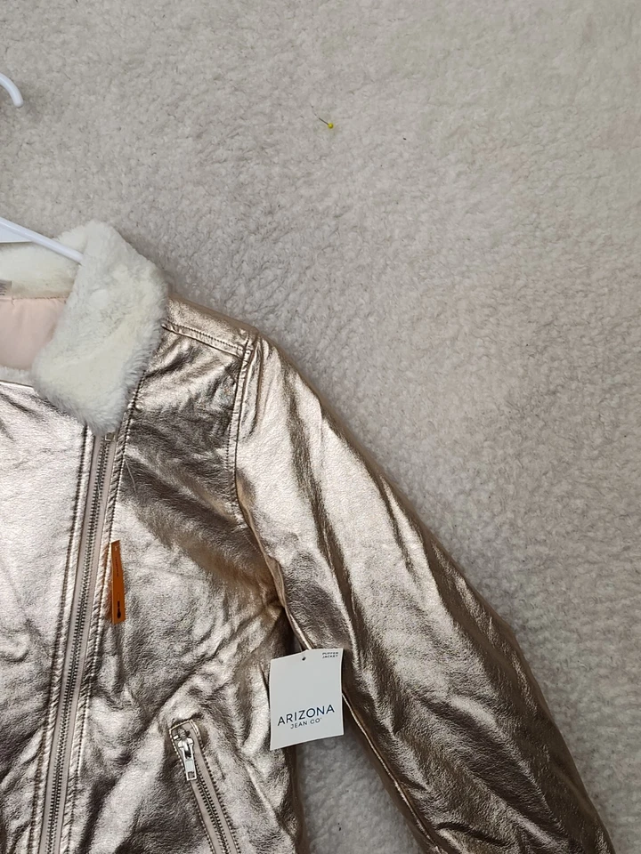 Arizona Jean Co Girls Jacket Extra Large Metallic Rose Faux Fur Faux Leather Zip - Image 4 of 4
