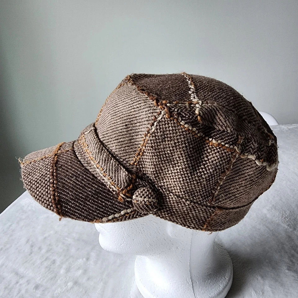 Baker Boy Hat Tweed Wool Womens Brown Herringbone Lined Newsboy Cap Patchwork - Image 3 of 4