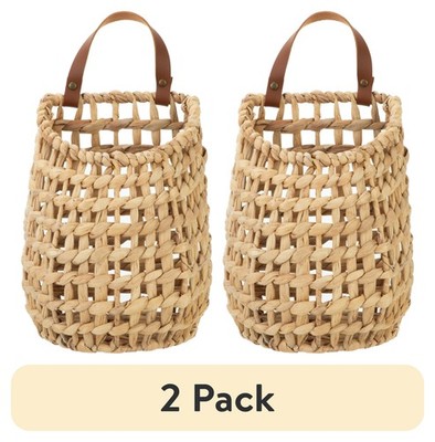 (2 pack)  Water Hyacinth Hanging Basket with Faux Leather Strap