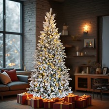7 FT Snow Flocked Pre-lit Artificial Pencil Christmas Tree,Hinged Xmas Pine Tree