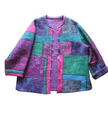 Kantha Jacket Women's XL Colorful Painted Reversible Geometric Cotton Art Boho