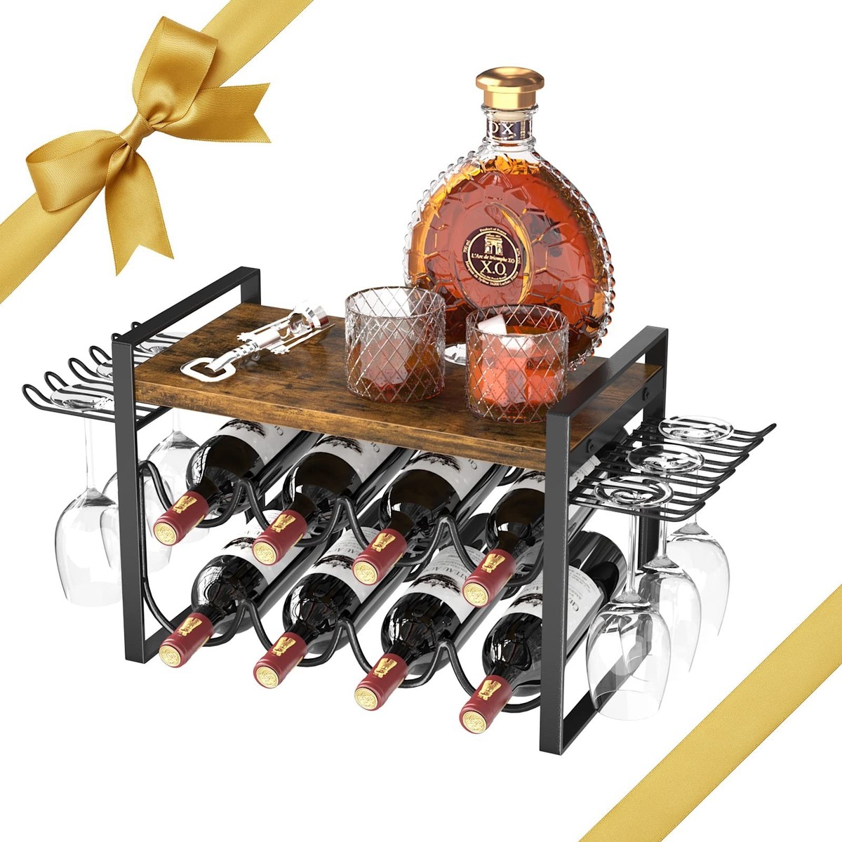 Wine Rack with Glass Holder, Countertop Wine Rack Metal Frame