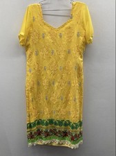 Women's Yellow Embroidered Kurta Tunic Salwar Kameez Paisley Floral Side Slit