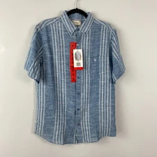 Weatherproof Vintage Washable Linen Short Sleeve Woven Shirt Mens M Blue Stripe