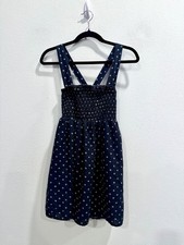 American Eagle Women's XS Smocked Floral Dress Navy Blue Sundress Cotton Linen