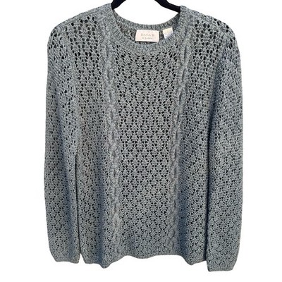 Dana B & Karen Womens Open Knit Cable Sweater Blue Crochet Cotton Blend Large
