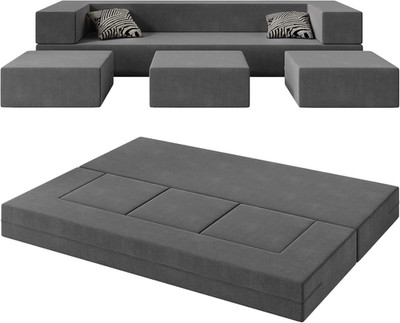 Versatile 80'' Folding Bed Couch with Ottomans & Removable Velvet Cover