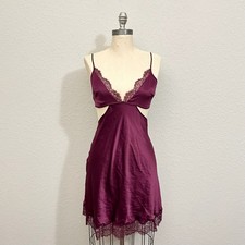 VICTORIA'S SECRET Slip Dress Womens Sz M Burgundy Satin Cut Out Babydoll Chemise