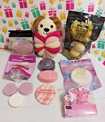 Bath Bombs, fizzies, cake, glitter bombs, pink soap, cute bath sponge, scrunchie