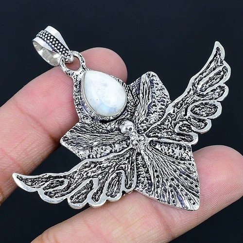 Rainbow Moonstone Gemstone Handmade 925 Sterling Silver Jewelry Pendant 2.56"