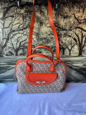 DKNY Monogram Logo Canvas Satchel with Orange Leather Trim and Crossbody Strap