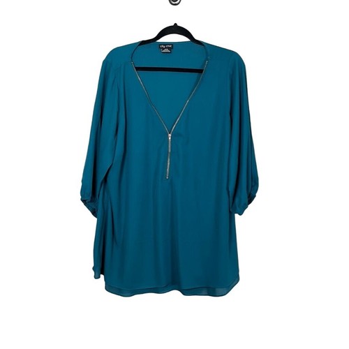 City Chic Top Women 18 Blue Tunic Metallic Office Feminine Summer Retro 80s