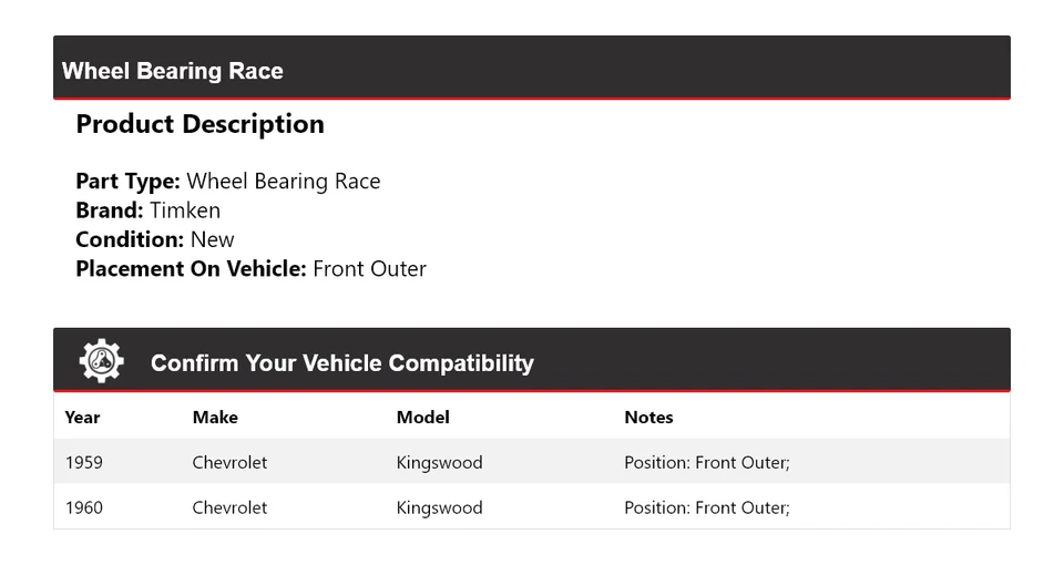 Para 1959-1960 Chevrolet Kingswood rolamento de roda corrida dianteiro externo Timken - Imagem 2 de 4