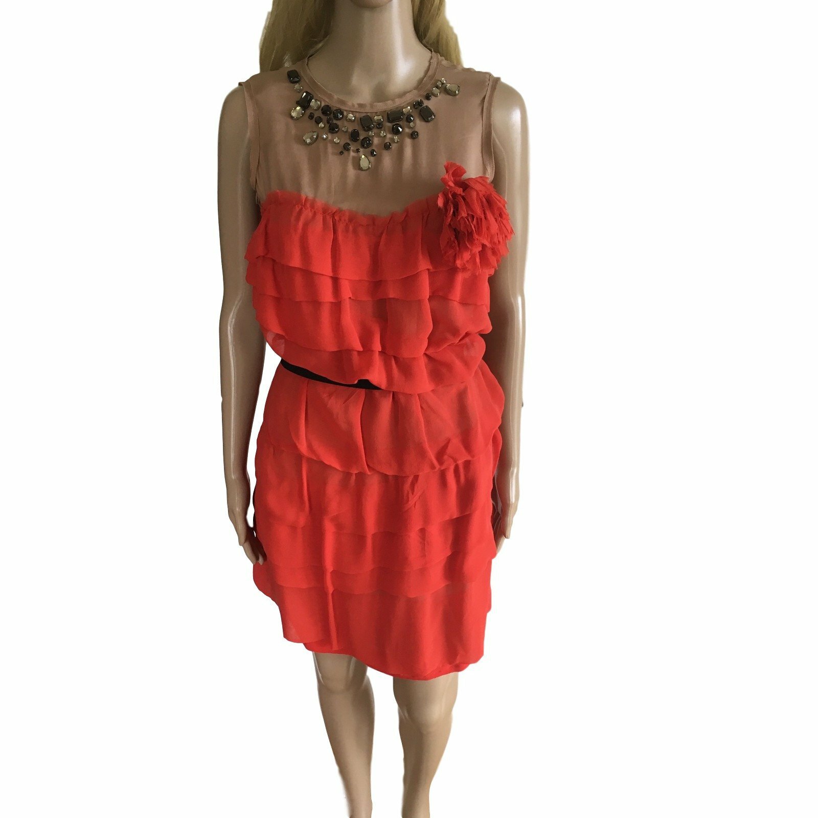 LANVIN H&M RARE RED SILK CHIFFON RUFFLE PARTY DRESS UK 8 EU 34 extra SMALL