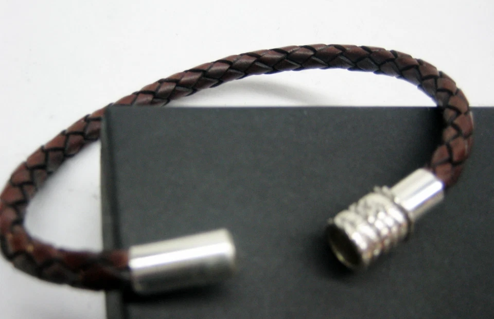 Plata de Ley 925 Tubo Decoración con 5mm Trenzado Italiano Cuero Pulsera Hombre/Mujer  Foto 4 de 4