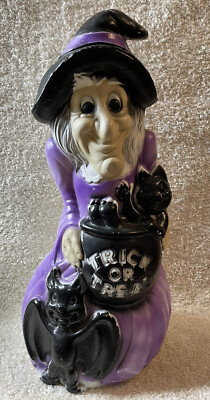 Vintage Halloween Trick or Treat Witch Black Cauldron Vampire Cat Bat Blow Mold 