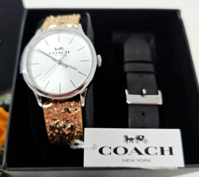   Coach Gold Sparkle Rubio 32mm Watch & Extra Black Leather Strap *AUTHENTIC*