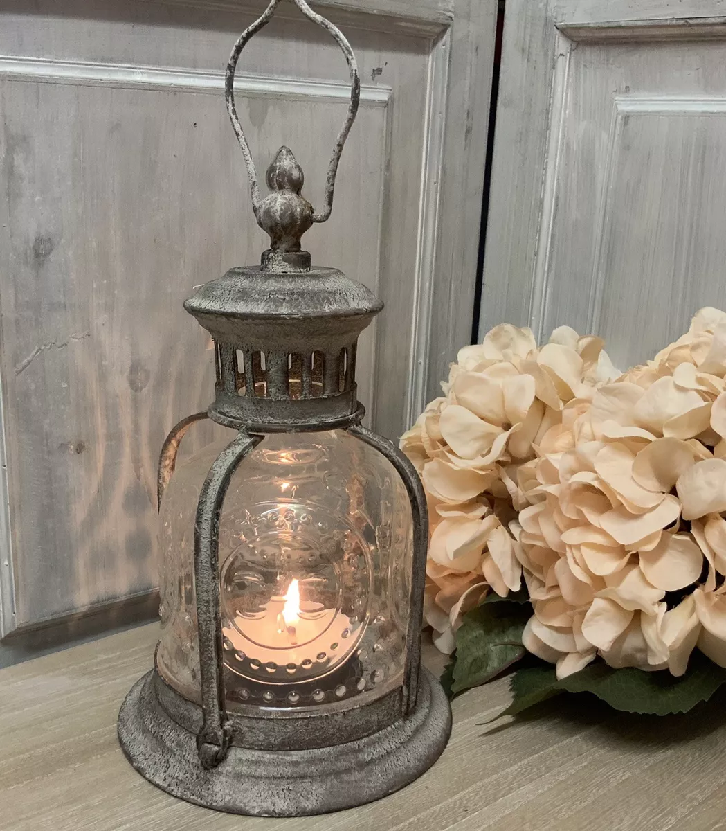 Grey Industrial Antique Metal Lantern Pillar Candle Holder Garden