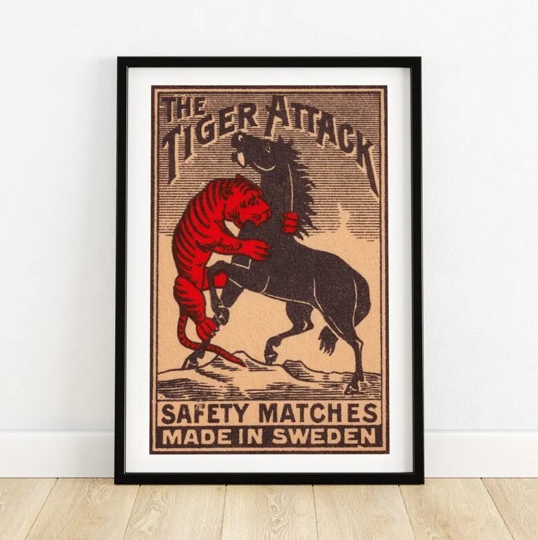 The Tiger Attack Matchbox Print Sweden Wall Art Vintage Sweden