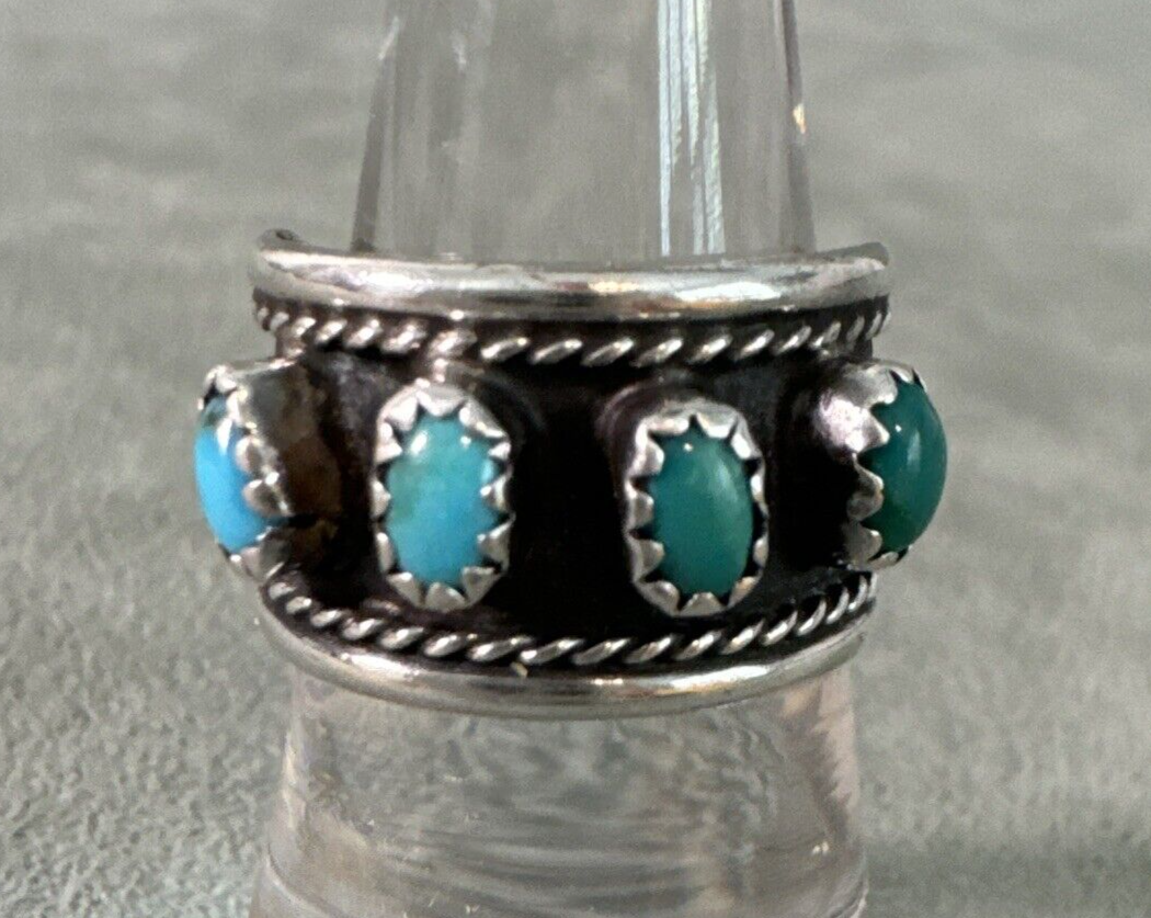 Vintage Petit Point Turquoise Row Ring Band Sterling Silver Rope  