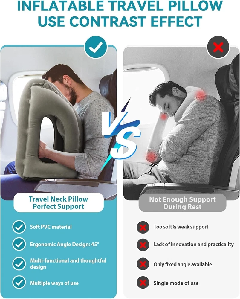 Inflatable Neck Pillow for Travel Car Office Airplane Train Support Grey  