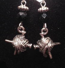 Knitting Needles and Yarn/Black Bead Pewter Earrings from Ann Peden Collection