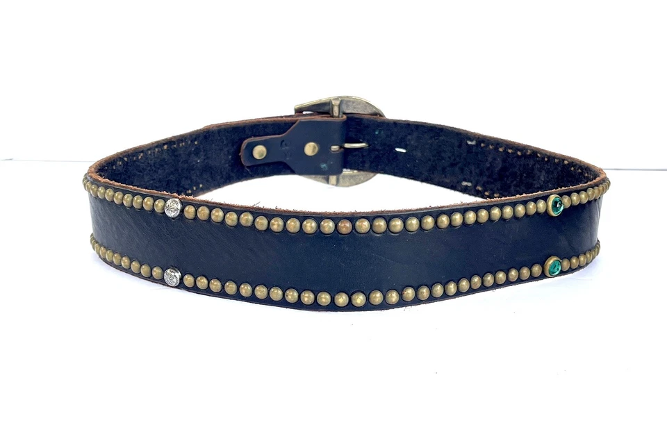 Черный винтажный кожаный ремень без штампа, маленькая латунь и винтажные чешские кристаллы. 32 - Изображение 2 из 4