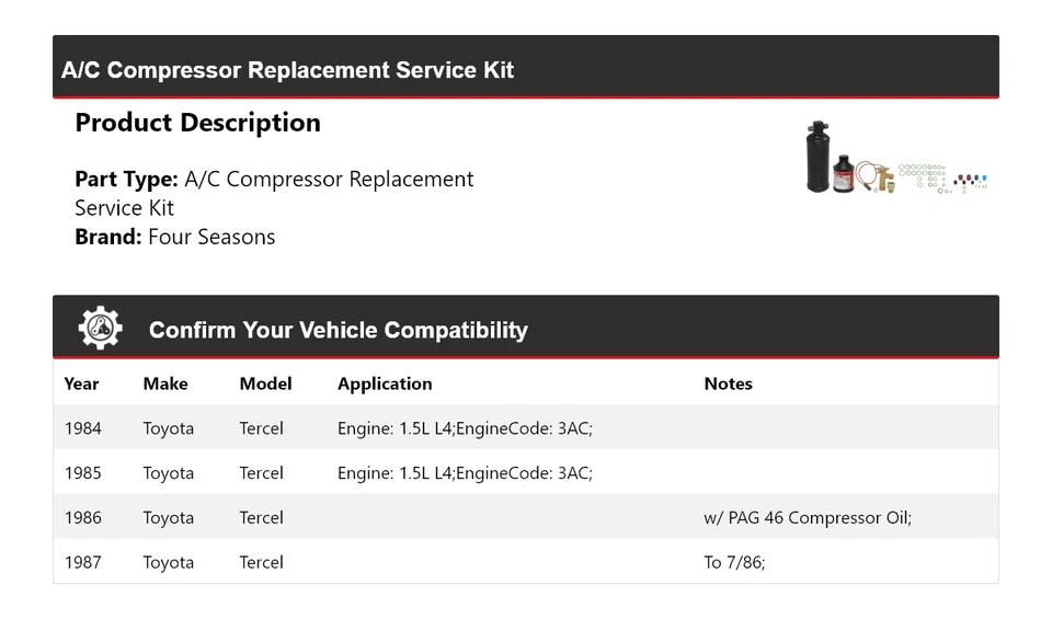 Kit de serviço de substituição de compressor AC Toyota Tercel 1984-1987 4 estações - Imagem 2 de 4