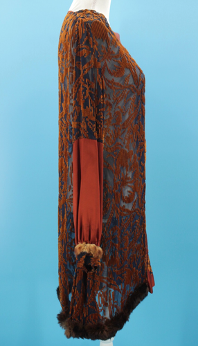 VTG Women's 20s Brown Silk & Velvet Burnout Shift Dress W/ Fur Trim S/M 1920s - Picture 3 of 23