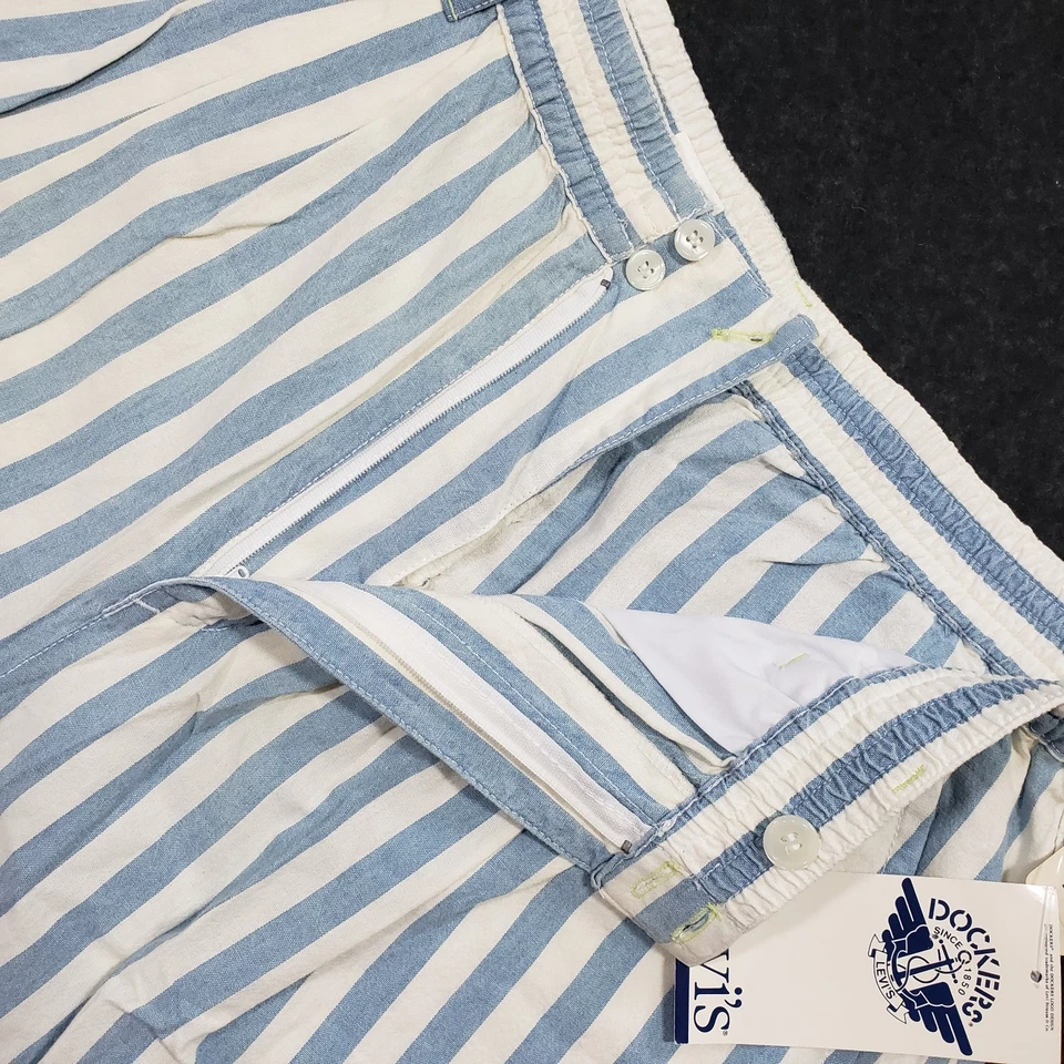 NUEVO CON ETIQUETAS Pantalones Cortos Dockers De Colección Para Hombres L Azul Rayas Algodón Cintura Elástica Plisada LEER Foto 4 de 4