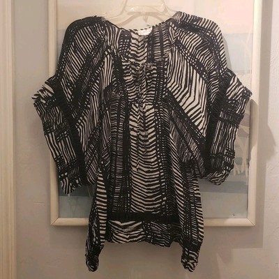 Parker Black White  Top Blouse Size L 100% Silk 3/4 Kimono Sleeves 